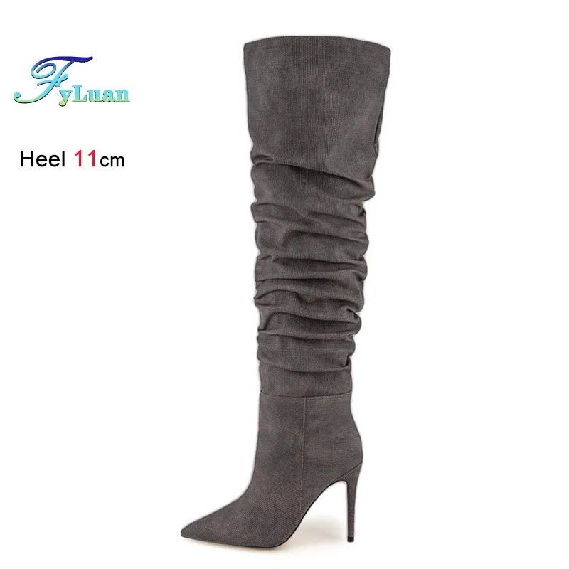 

Осень-зима 2024, новые женские ботинки, пикантные сапоги до колена на шпильке, модные женские теплые туфли на очень высоком каблуке с острым носком