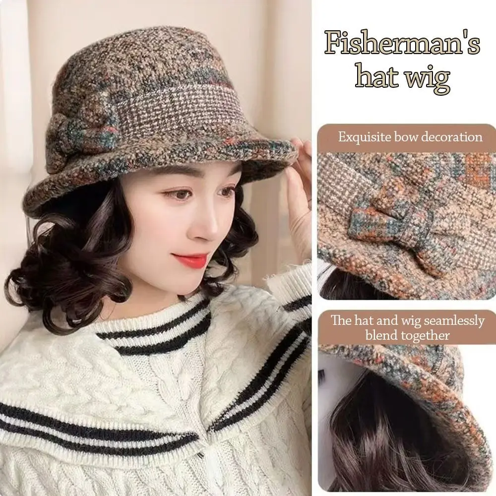 Fashion With Curly Hair Fisherman Hat With Wig Bowknot Attached Wig Wig Bucket Hat Casual Warm Fisherman Cap Women view 2
