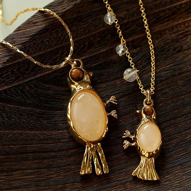

Vintage Natural Crystal Gold Plated Brass Bird Brooch Necklace Women Top Quality Luxury Jewelry