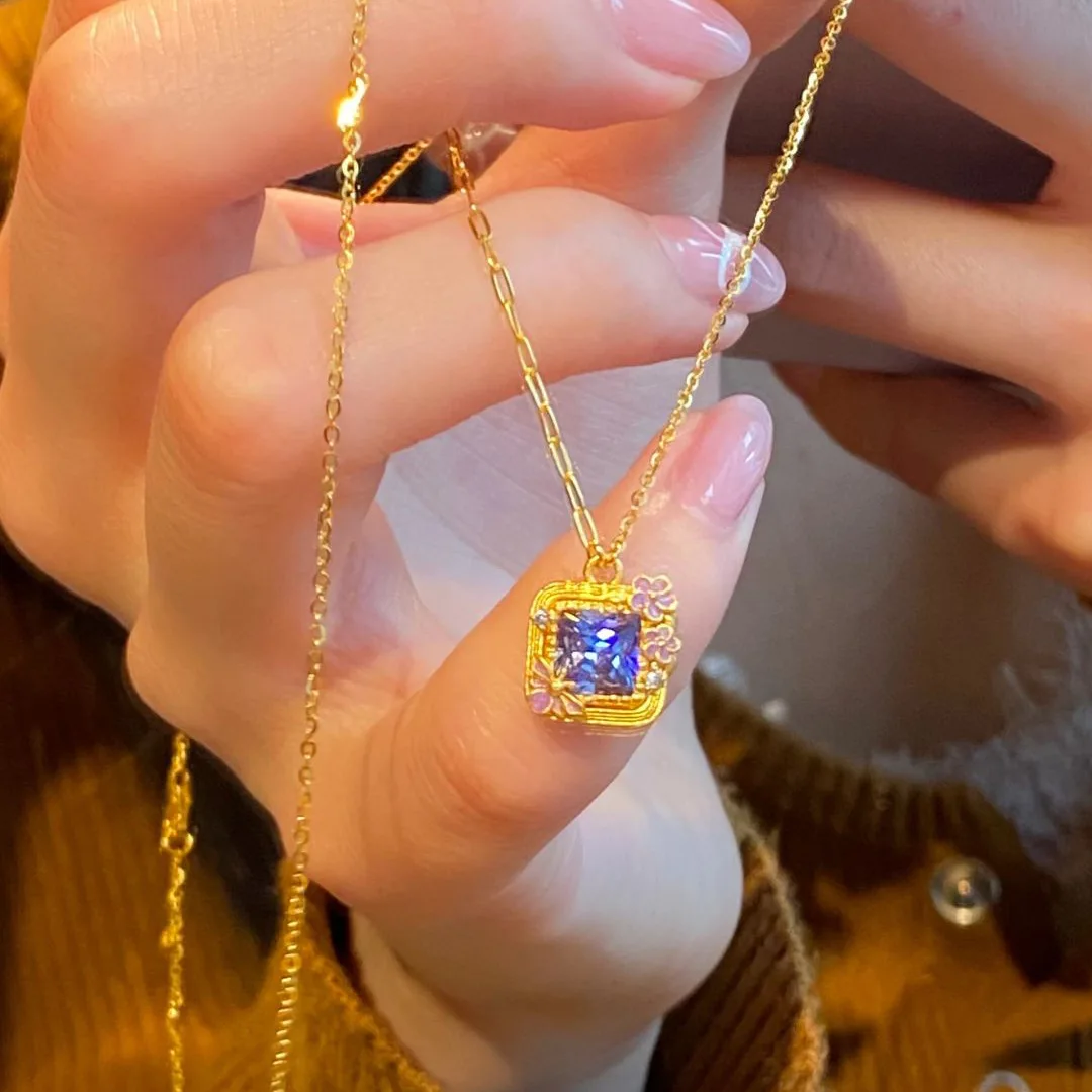 Elegant Gold Geometric Square Pendant Necklace For Women Sparkly Purple Blue Stone Dainty Floral Detail Delicate Clavicle Chain