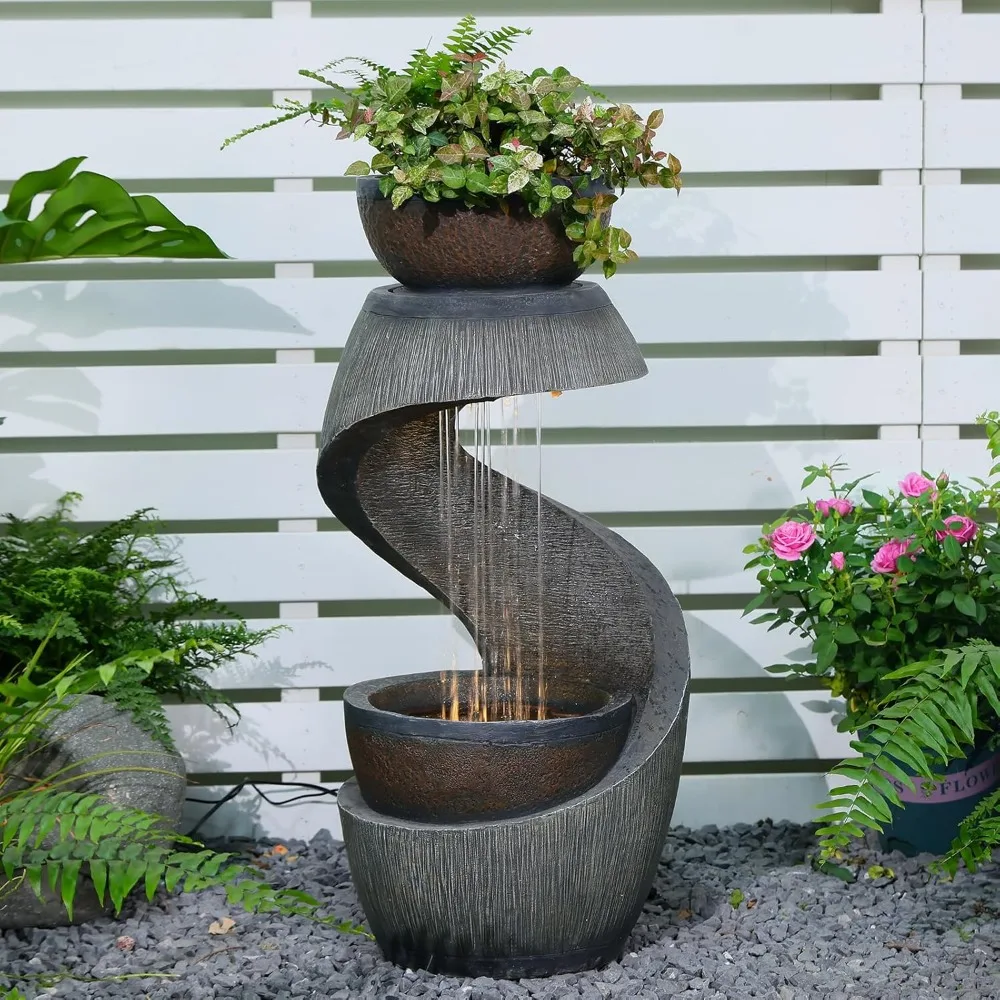 

Outdoor Water Fountain with LED Lights, 31.9" Modern Resin Waterfall Fountain Outdoor, S-Shaped Garden Water Feature for Yard, B