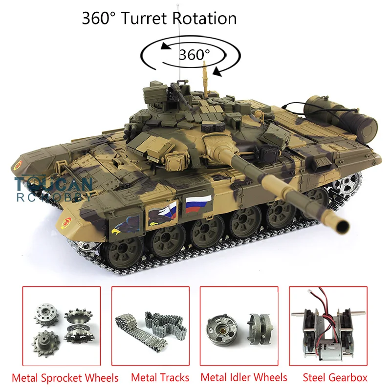 HENG LONG Outdoor Toys 1/16 7.0 Upgraded Metal Russia T90 Ready to Run  RC Tank 3938 W/ 360° Turret Toucan Model TH17847-SMT8