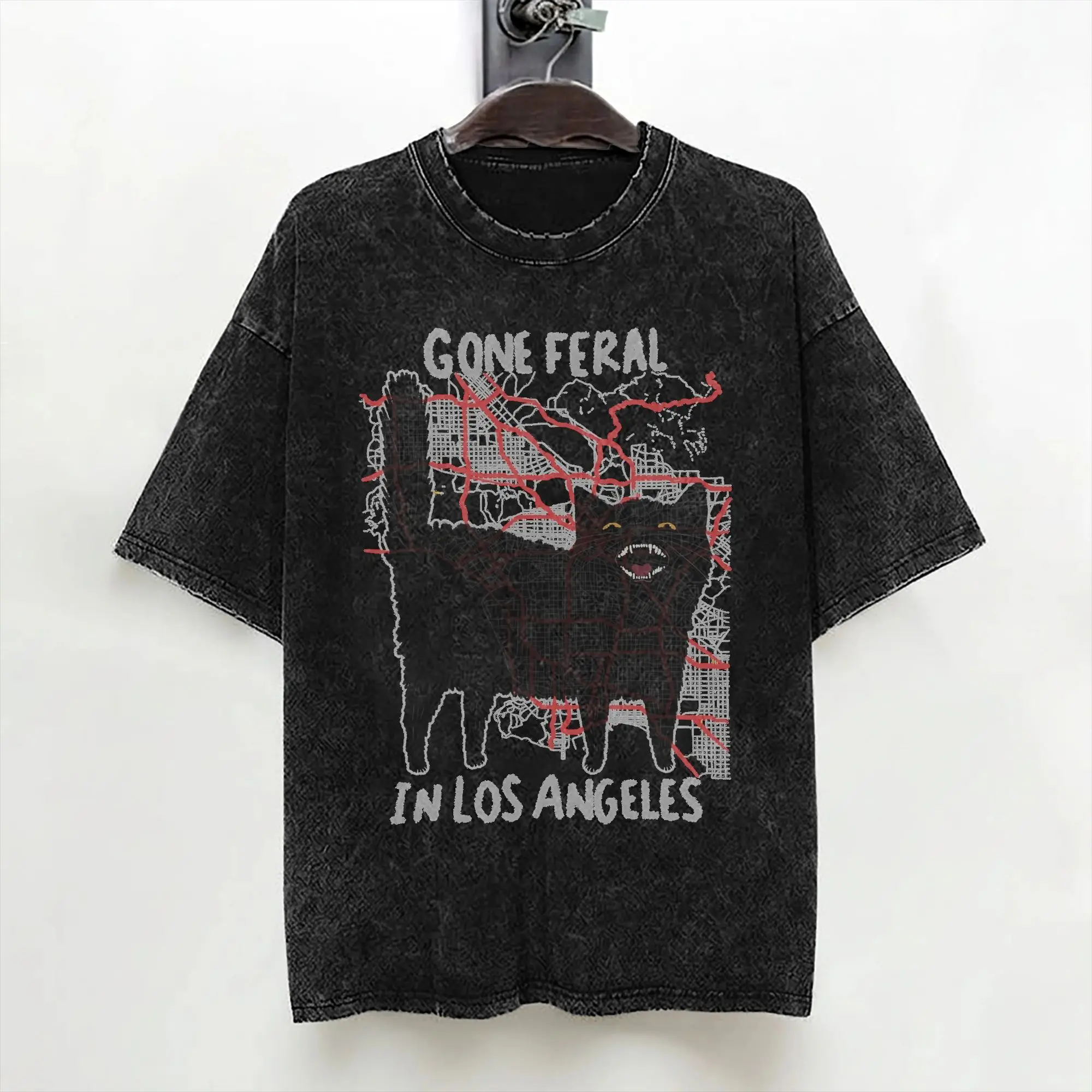 Gone Feral In Los Angeles Washed T Shirt Streetwear Hip Hop T-Shirts Black Cat Tee Shirt Men Women 100% Cotton Oversize Summer