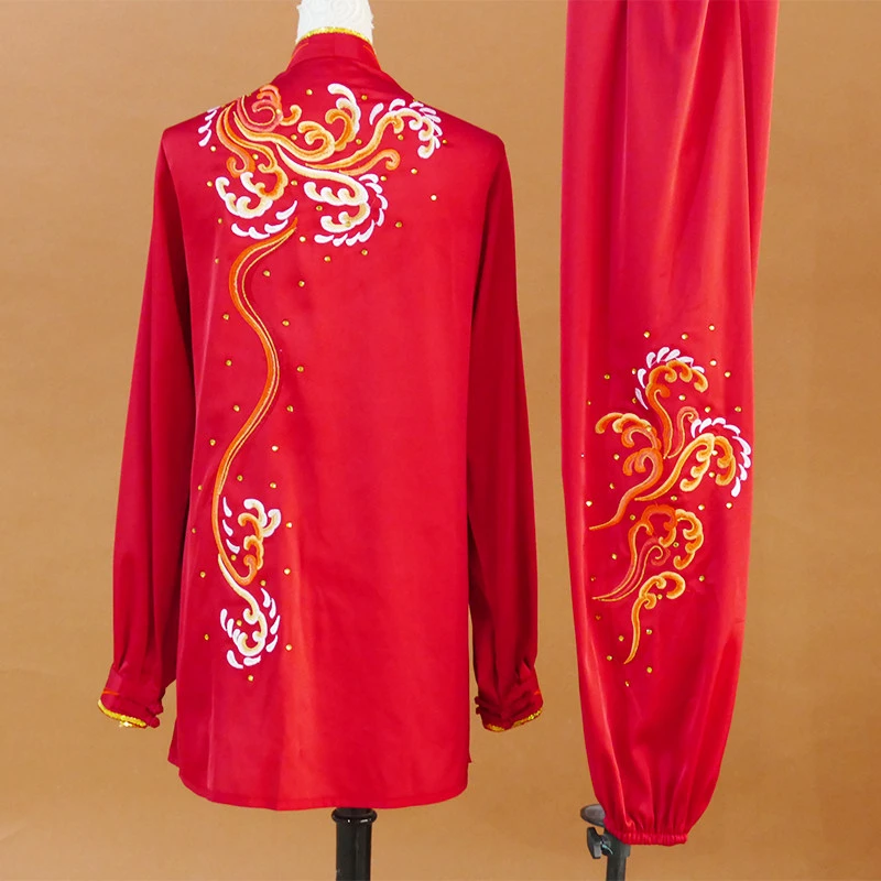 Auspicious Cloud Embroidery Tai Chi Uniform Kung Fu Practice Suit Men Women Team Performance Red Long Sleeve Mid-Length Custom