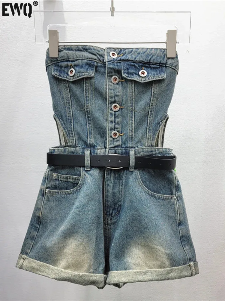 

[EWQ] Korean Chic Off Shoulder Strapless Denim Hollow Out Tie Up Street Jumpsuit Shorts Give Belt Women 2024 Spring Summer U7622