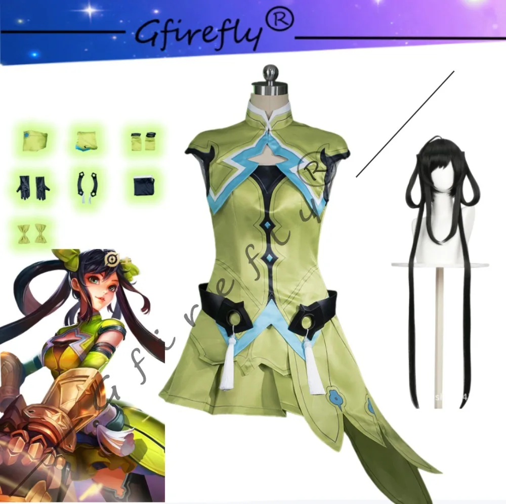 

Honor of Kings Cosplay Costume Sun Shangxiang Green Dress with Accessories Wig Game Outfit for Halloween Stage Performance