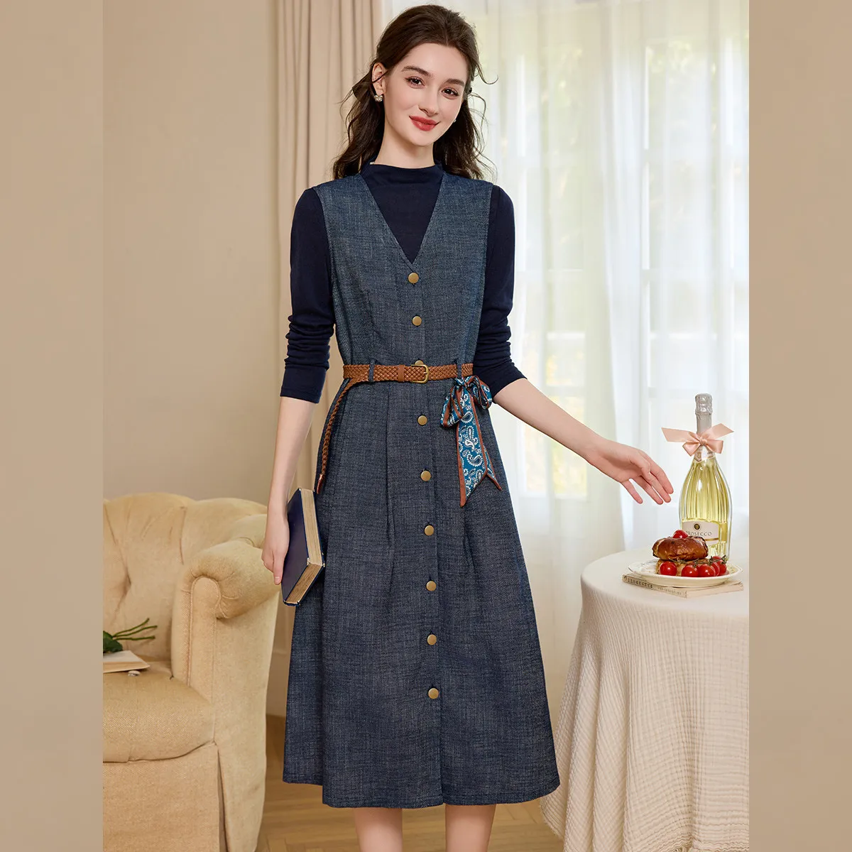LOUIS YAO T-shirt met lange mouwen en denimjurk, tweedelige set 2025, herfst, afneembare riem, hoge kraag, top, damesset