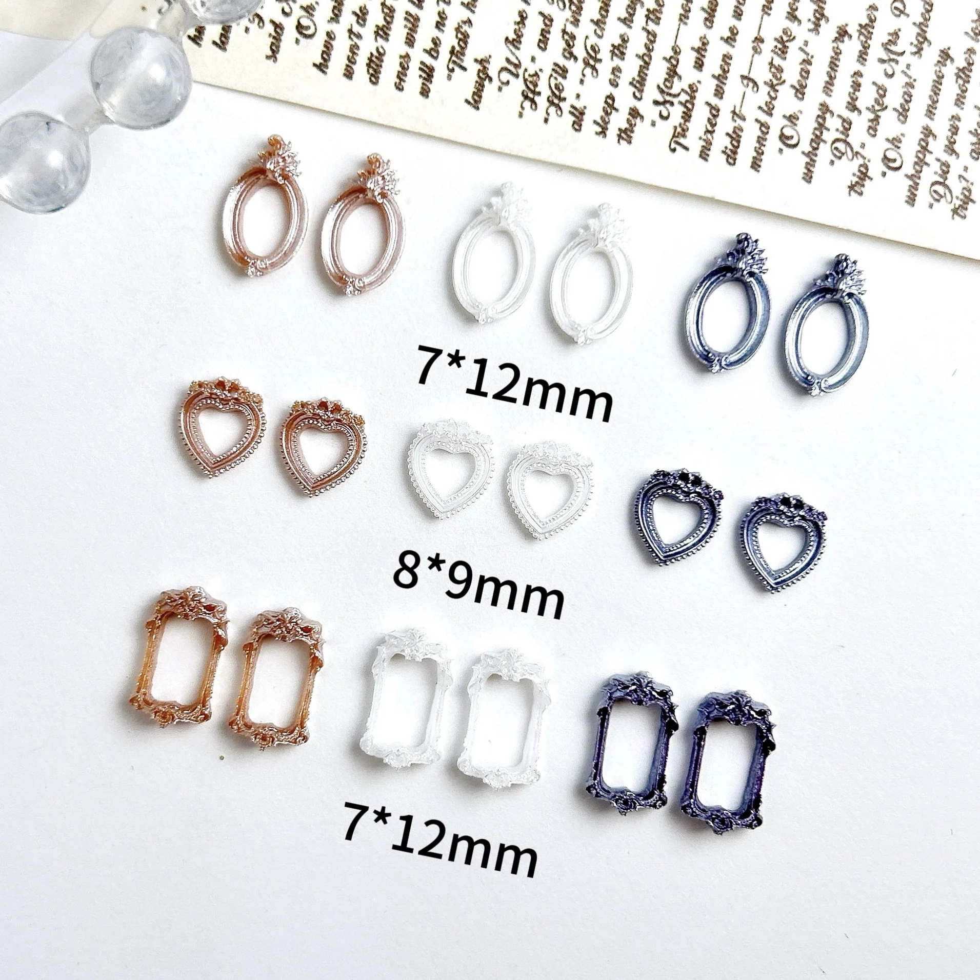 50PCS Retro Creative Thricolor Photo Frame Nail Charms Hollowed Baroque Light Luxury Geometric Frame Nail Art Decorations DIY