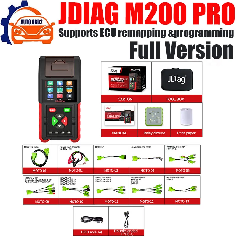 

JDiag M200 Pro Motorcycle Diagnostic TOOL Support ECU Remapping&programming Battery Tester Automotive Testing M200 M100 M300