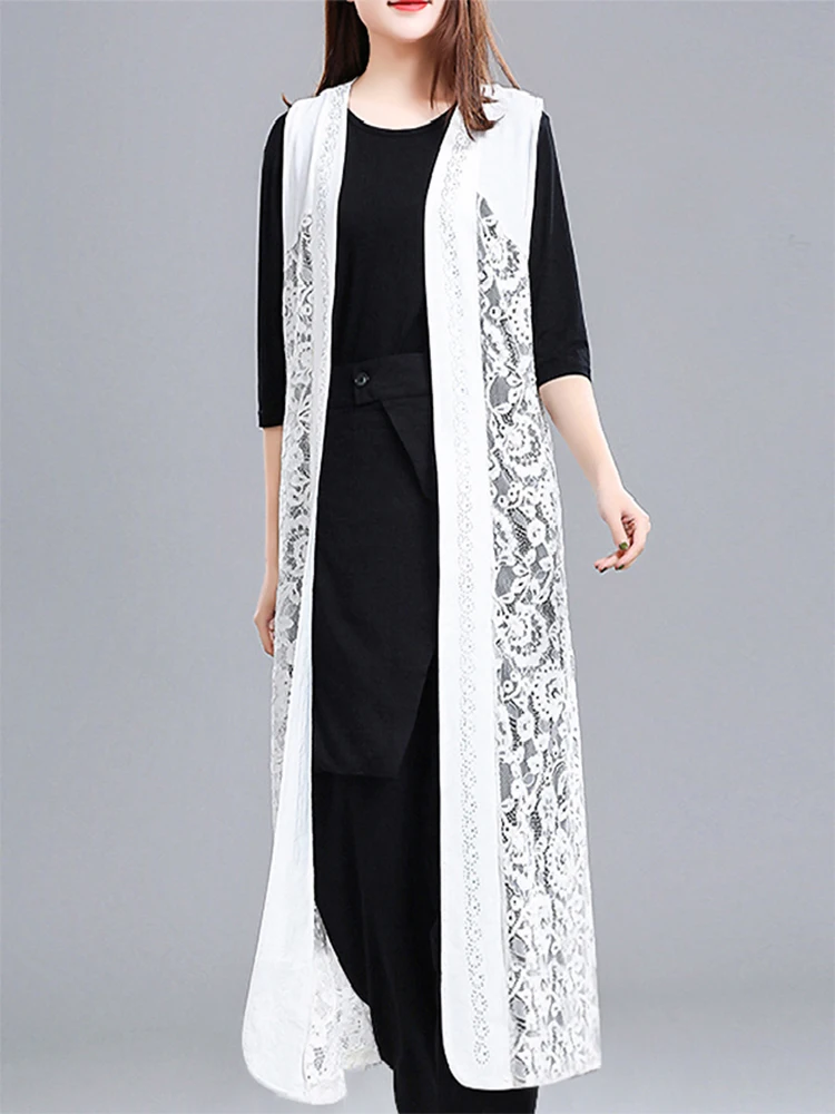 レトロレースオープンカーディガン レディース 春秋 2025 新作 ゆったり ミドル丈 ノースリーブ ホローアウト ショルダーラップ ベスト