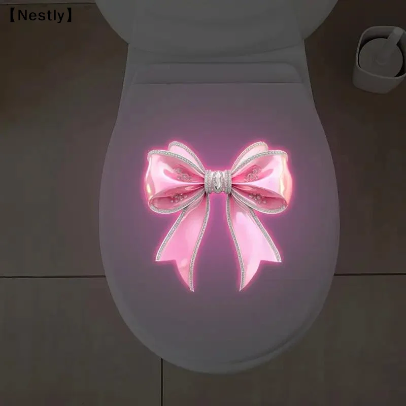 Pink Bowknot Toilet Sticker Glow Luminous Toilet Seat Cover Sticker Waterproof Self-Adhesive Decal Wall Stickers  Decor〔Nest〕
