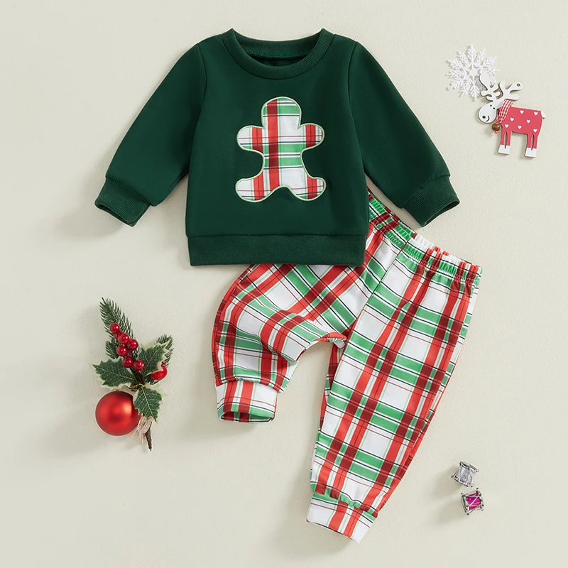 

0-3Years Baby Boy Kids Christmas Outfits Gingerbread Man Plaid Pattern Long Sleeve Sweatshirt Elastic Pants 2Piece Infants Sets