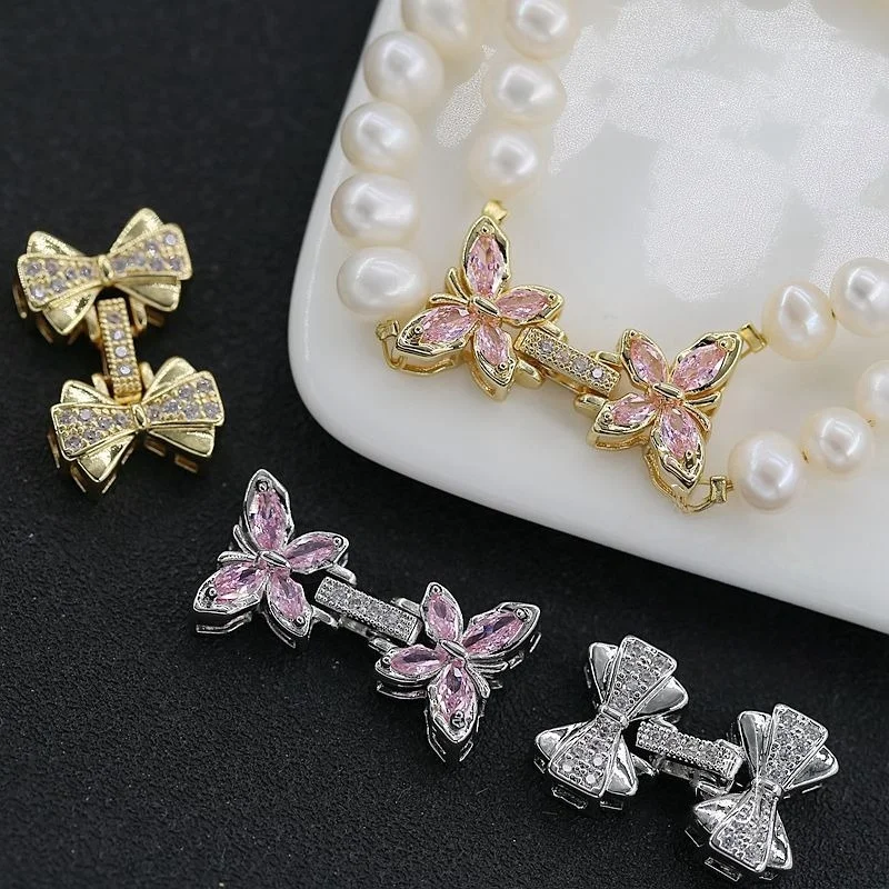 

1 Piece Gold-Plated Copper Pearl Necklace with Pink Zirconia Bow and Bracelet Connector DIY Jewelry Making Material Accessory