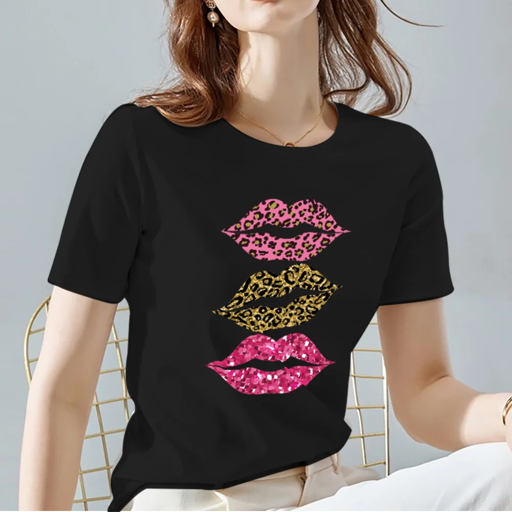 Women's T-shirt Classic Black Comfortable O-neck Top Fashion Sexy Lip Print Pattern Series Short Sleeve T-shirt Soft Ladies Wear