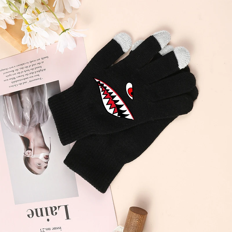 Shark Mouth Design Knitted Gloves Winter Warmth Exquisite Acrylic Fiber Touchscreen Glove Outdoor Printed Mittens Birthday Gifts