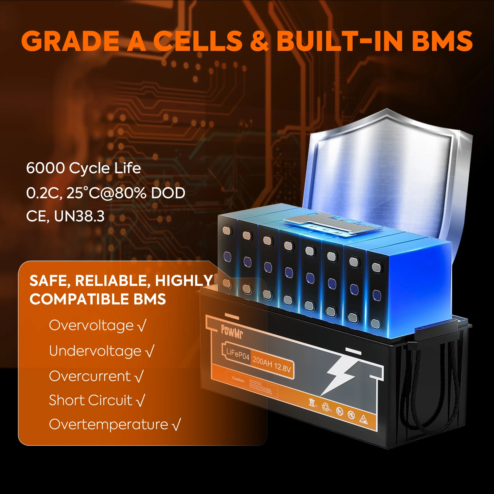 PowMr 100AH 150AH 200AH 300AH 12.8V Life epo4 Lithium Ion Battery With BMS for RV EV Camping Long Life More Than Cycle Time