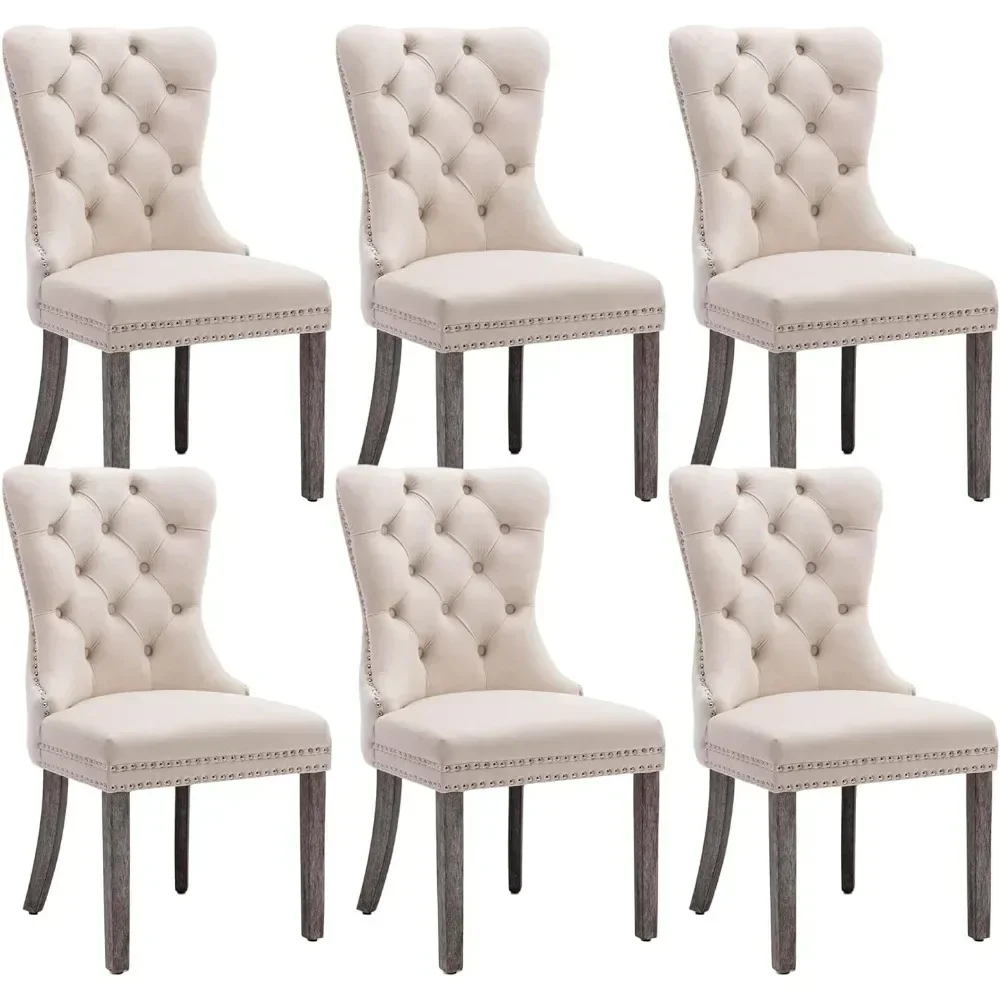 Velvet dining chair 6-piece set, tufted dining chair with nail head ring pull edge, solid wood leg cushion (beige)