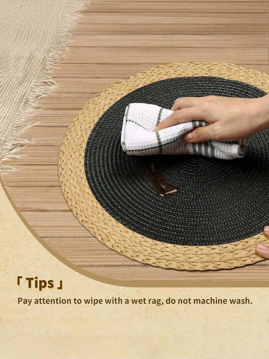 15 Inch Black Round Woven Placemat Set Washable Heat Resistant For Dining Table
