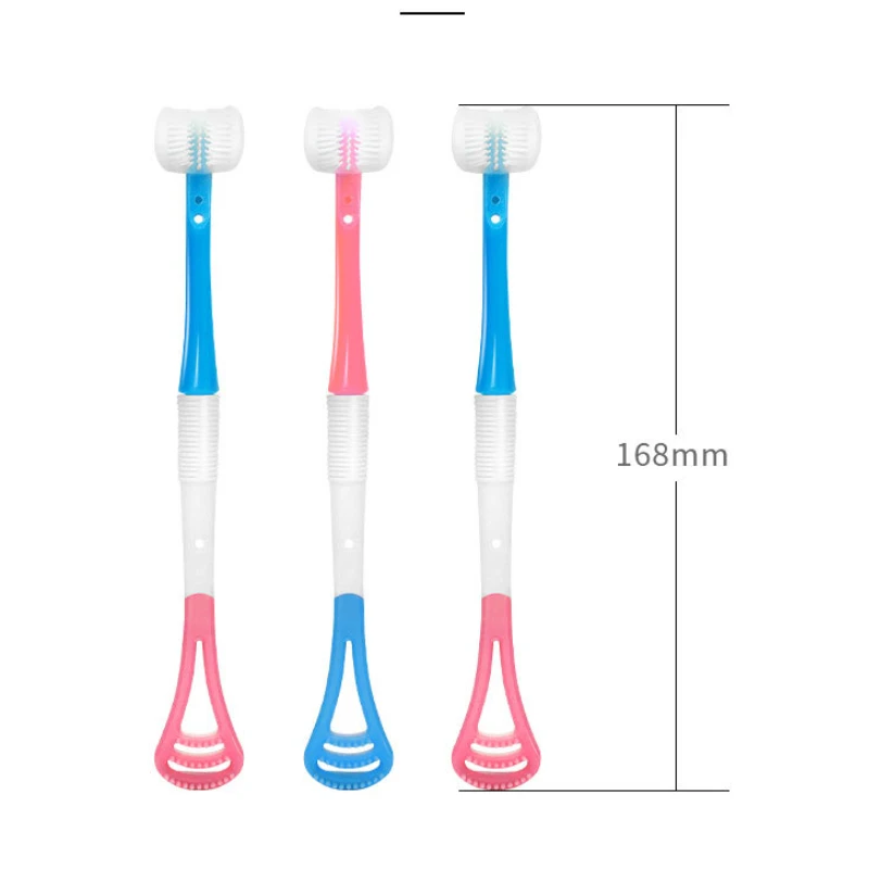 Cepillo de dientes creativo para bebé de 2 a 12 años, cepillo suave de seguridad de tres lados, cuidado de la higiene bucal, cepillos recubiertos de lengua, 1 unidad