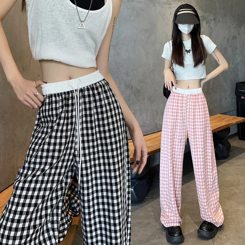 024 New Arrival Summer Women All-matched Korean Style Ankle-length Pants Casual Loose Fit Elastic Waist Plaid Straight Pants V47