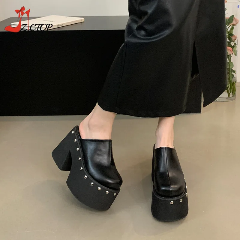 Women\'s Platform Sandals Black Gothic Closed Toe Chunky High Heels Slippers Rivet Slip On Y2k Punk Shoes Women Summer Size 41 42