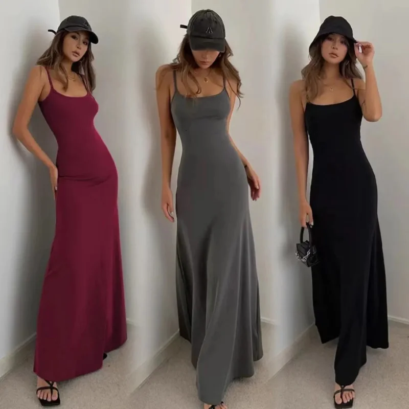 

Women Elegant Casual Holiday Beach Streetwear Maxi Dress Summer Y2K Spaghetti Strap High Waist Backless Slim Fit Solid Long Dres