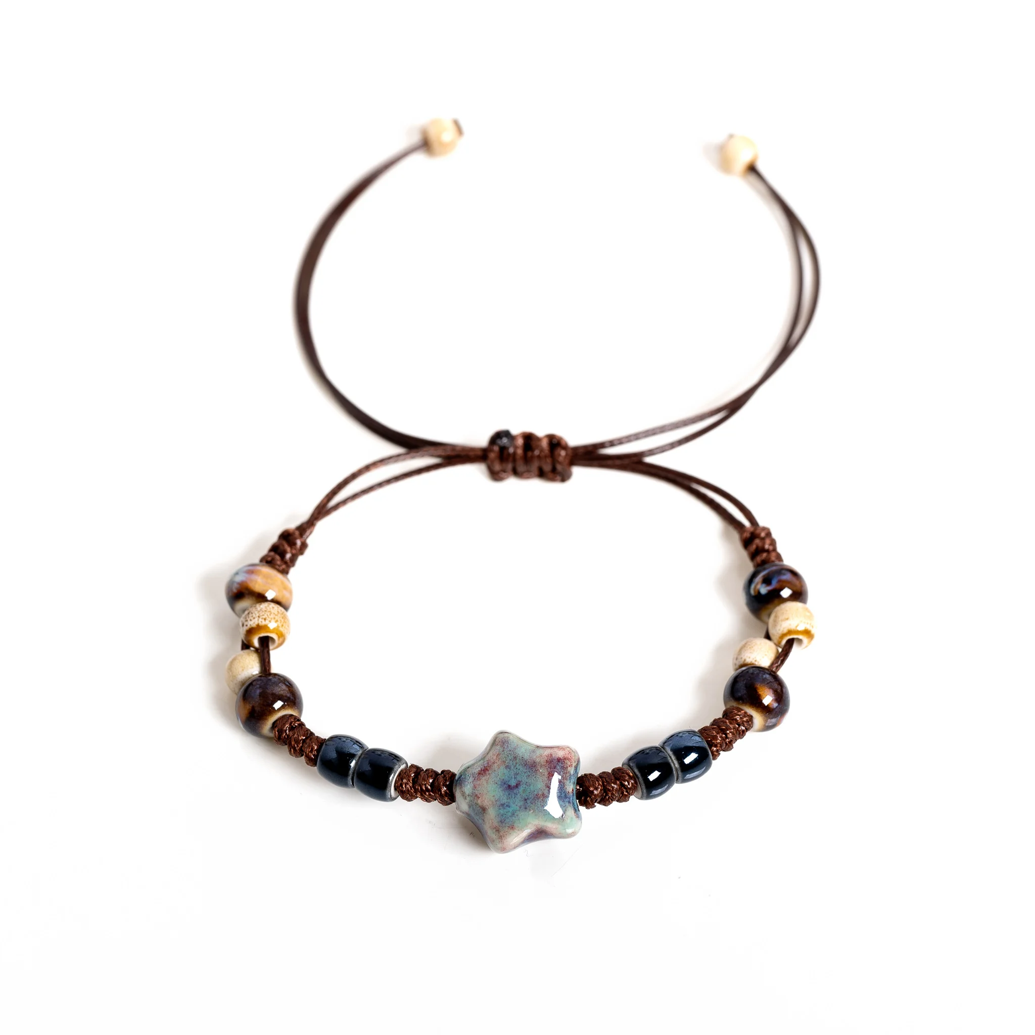 Imperial Glaze Star Ceramic Bracelet Handmade Adjustable Wax Cord Dainty Jewelry Vintage Cool Style for Daily Wear Gift S03-244