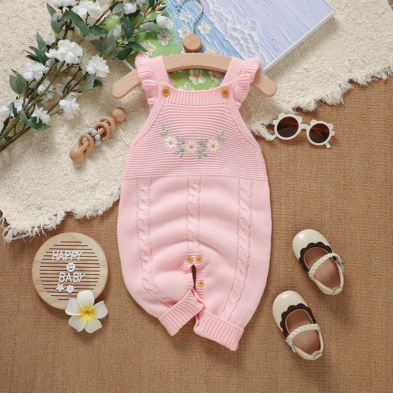 

Baby Romper Knit Newborn Girl Jumpsuit Sleeveless Infant Kid Clothes Fashion Ruffles Embroidered Flowers Overalls 0-18M Playsuit