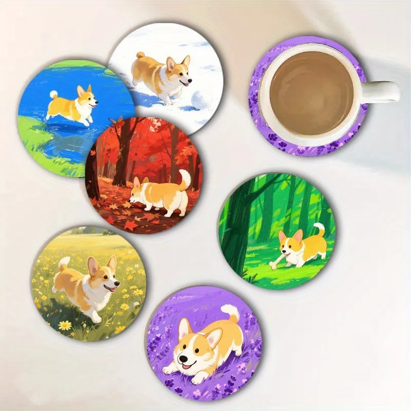 6PCS 10CM 2D Animated Welsh Corgi Motif Wooden Cup Mat Featherweight Heat-Proof Skid-Resistant Cafe Tearoom Workplace Household