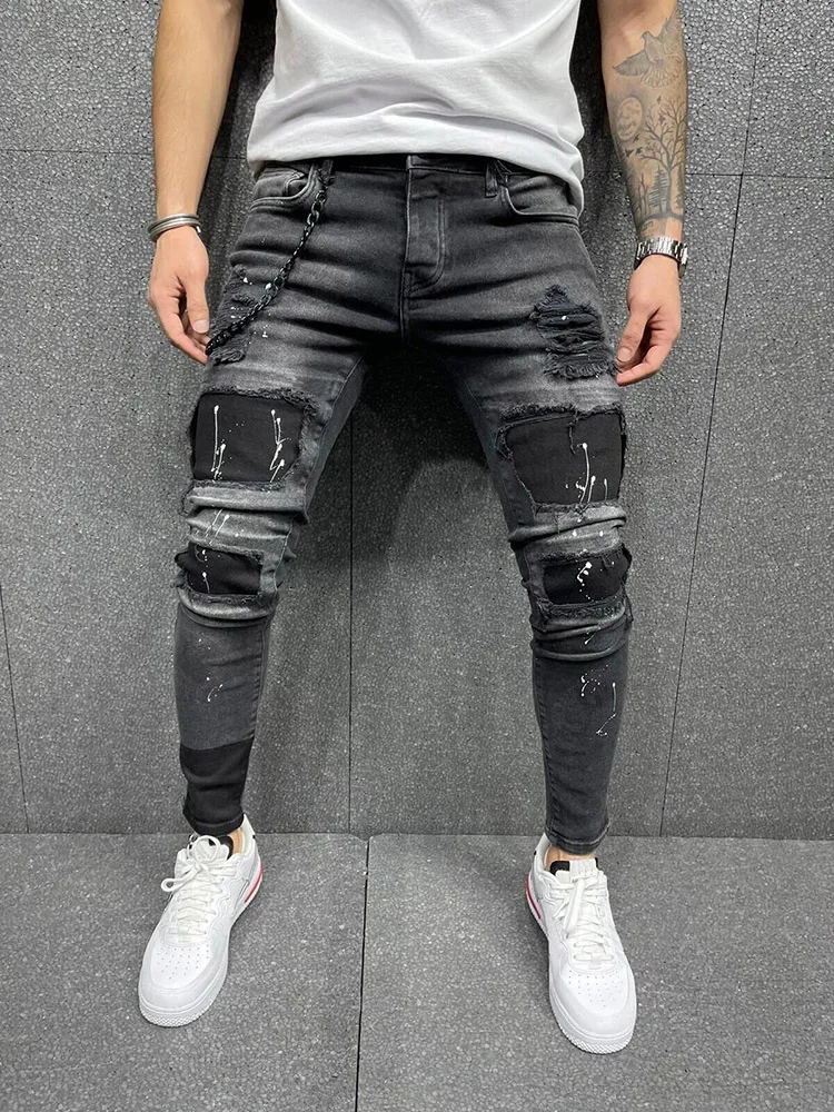 Black 90% Cotton Men Retro Wash Distressed Stretch Ripped Jeans Tight Hole PATCH Denim Pantalones Printing Zipper Joggers