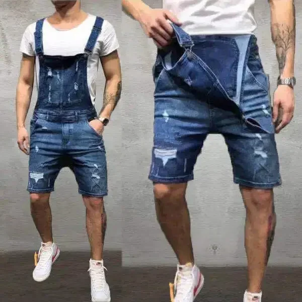 Men Overalls Playsuits Denim One Piece Jeans Shorts Rompers Washing Slim Fit Holes Pockets Distressed Spliced Streetwear 2024