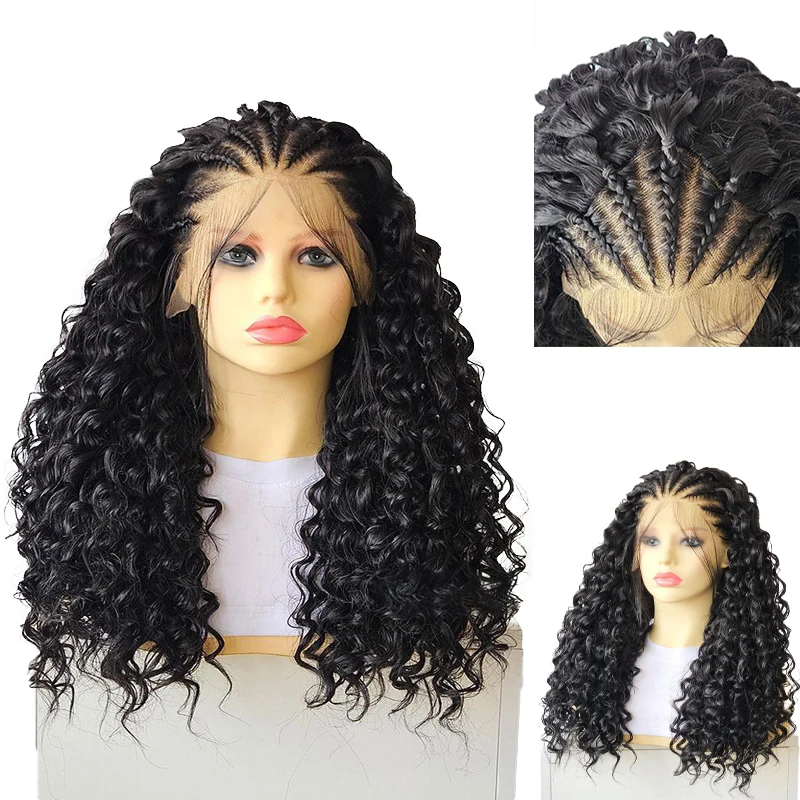 

26-Inch Black Braided Curly Hair 13x4 Front Lace Hand-Hooked Synthetic Hair, Suitable For Ladies Daily Party Halloween Braid Wig