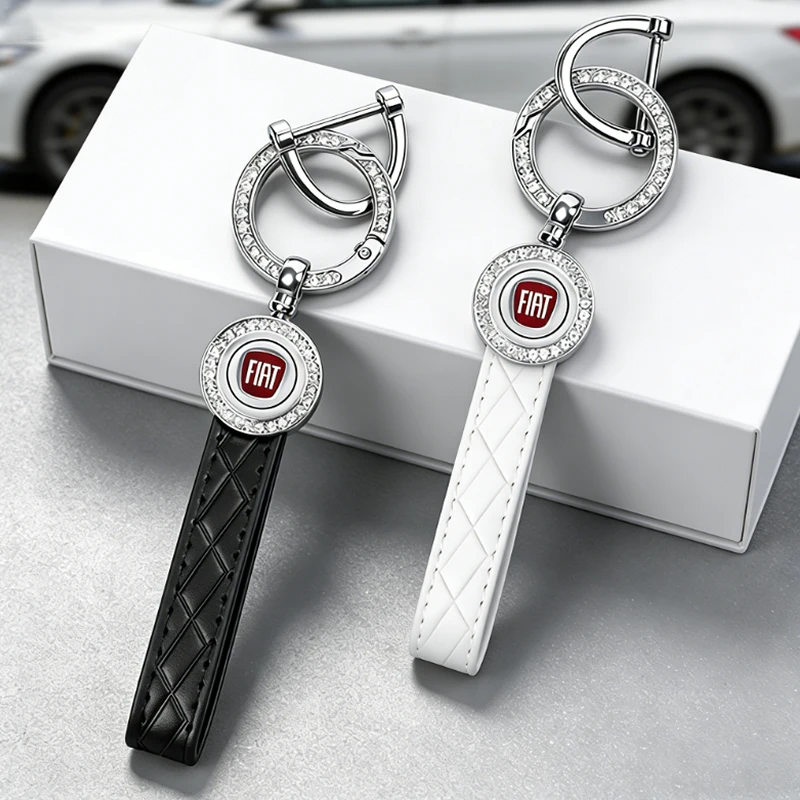 Kristall-Luxus-Metall-Leder-Auto-Schlüsselanhänger, Anti-Verlust-Schlüsselring, Modeschmuck für FIAT Abarth 500 Tipo FR Punto Ducato Stilo
