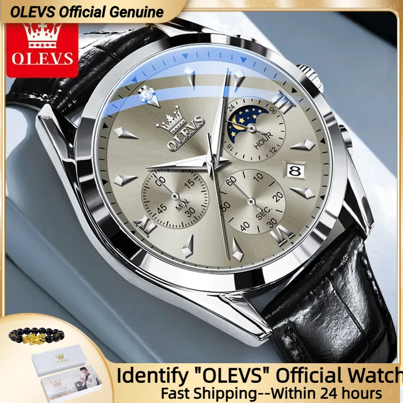 

OLEVS TOP Элитный бренд Наручные часы Мужские кожаные ремешки Часы для отдыха Мужские автоматические часы с хронографом и фазой Луны Водонепроницаемые мужские часы