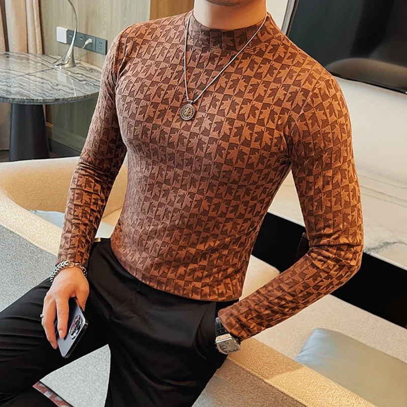 Printed Semi Turtleneck Elastic T-shirt For Men Clothing Autumn New Long Sleeves Jacquard Tight-Fitting Solid Color Slim-fit Tee