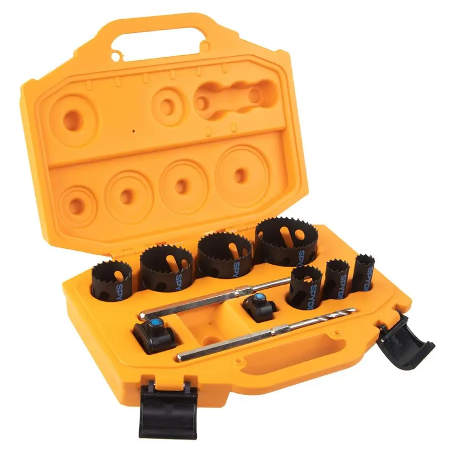 

11Piece BiMetal Hole Saw Kit, 7 Hole Saws, Hex8 and Hex10 HSS Pilot Bits, and Hex8 and Hex10 Arbors, Rapid Core Eject Arbor Syst