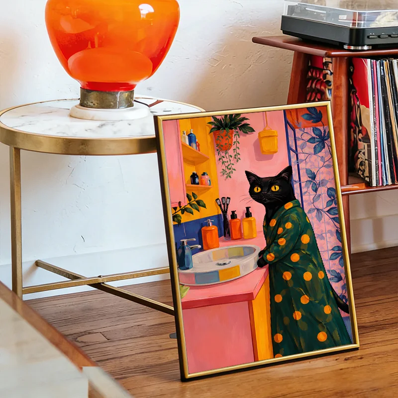 Black Cat in A Bathrobe Retro Dopamine-Inspired Wall Art Canvas Print Decorative Painting Home Decor for Bathroom Toilet Bedroom