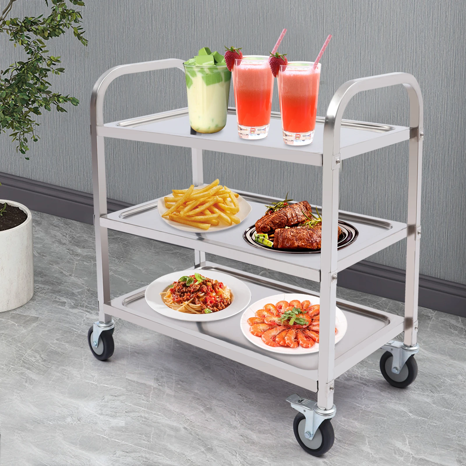 Edelstahl-Servierwagen für die Küche, 3 Etagen, 85 x 45 x 90 cm, mit 4 Universalrollen, Restaurantwagen zur Aufbewahrung und Organisation. – Detail 5