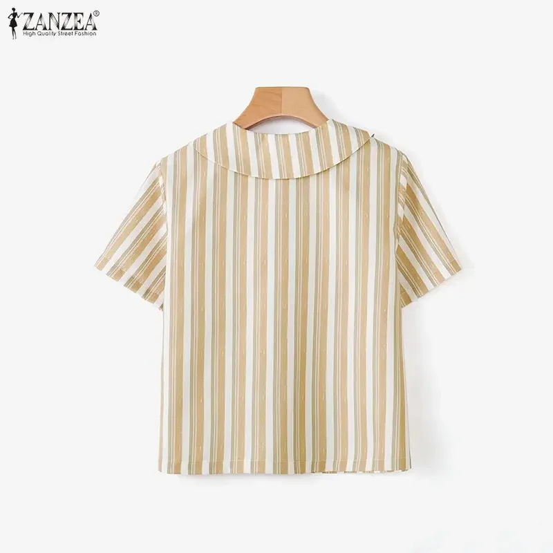 ZANZEA 패션 여성 반팔 셔츠 피터팬 칼라 스트라이프 블라우스 우아한 오피스 레이디 튜닉 탑 2026 여름 블라우스