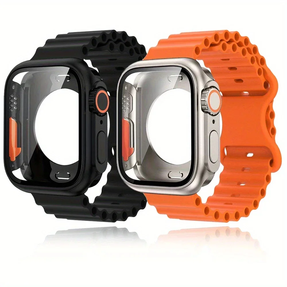 PC Firm Cover+Strap for Apple Watch Band 44mm 45mm 41mm 40mm Glass+Case Silicone Bracelet Correa IWatch Series 9 8 7 SE 6 5 4