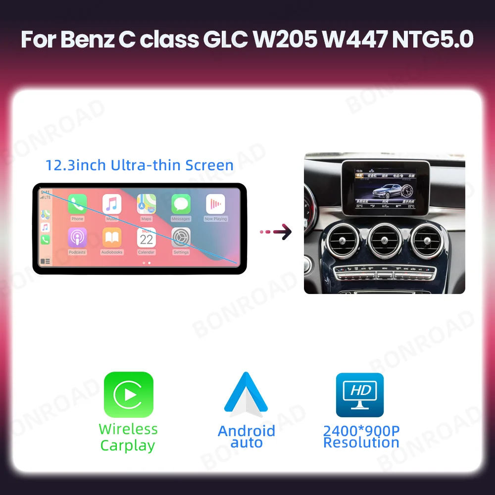 BONROAD 12,8 inch scherm draadloze CarPlay Android Auto autoradio GPS voor Mercedes Benz A C Klasse W176 X156 C117 CLA GLA W205 W204