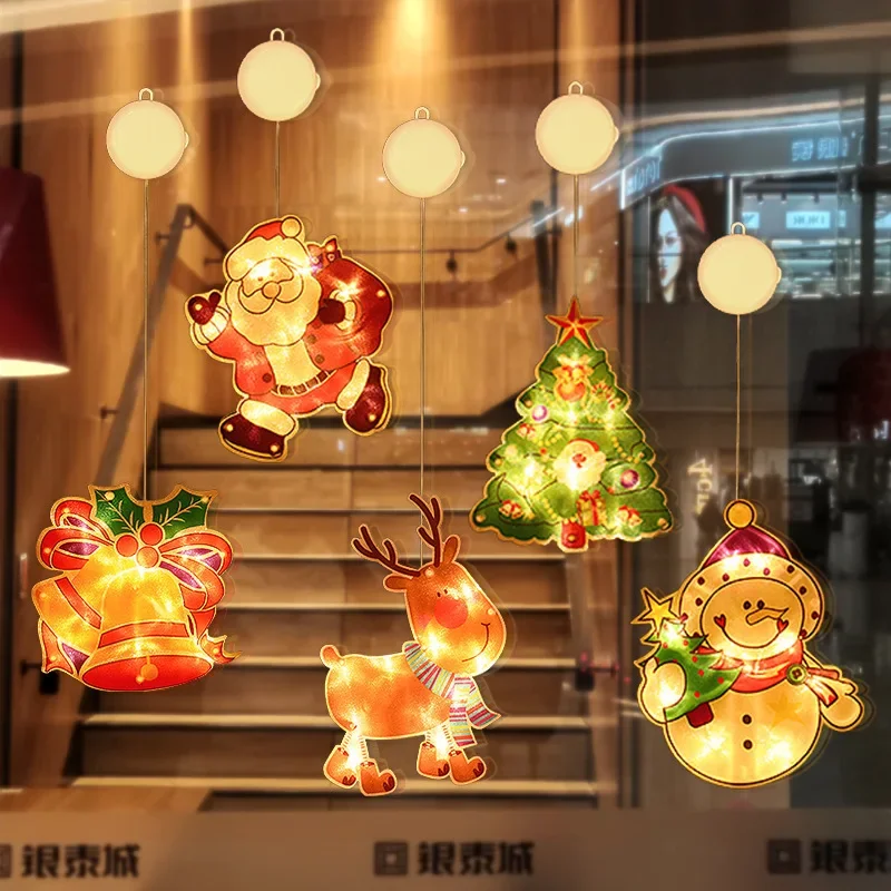 Christmas Suction Cup Light Xmas Santa Claus Snowman Elk Style Window Decoration LED String Light for Indoor Home New Year Party