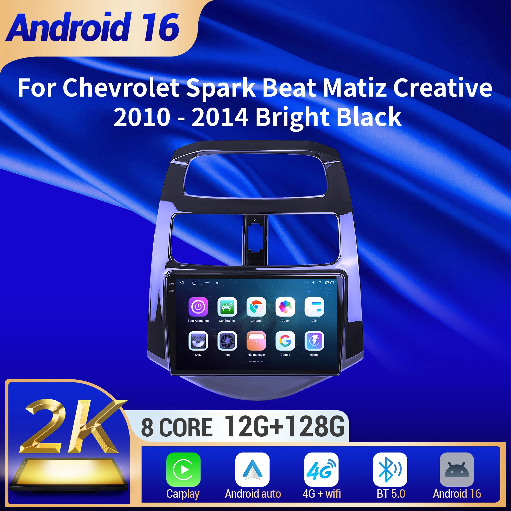 9inch Car Radio For Chevrolet Spark Beat Matiz Creative 2010-2014 Bright Black BT Carplay Android 16 Multimedia 2K QLED Screen