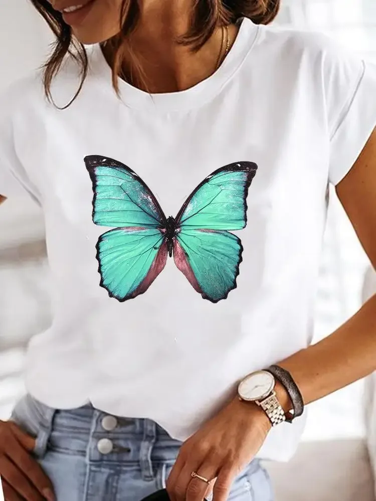 Heart Print Women Funny White Summer T-shirt Girl Casual O Neck Clothing Female Fashion Y2K Top Tee