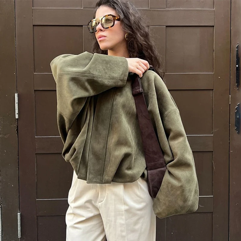 

TARUXY Stylish Bomber Jacket Women's Round Neck Zipper Button Long Sleeves Splicing Coat 2025 New Autumn Daily Commuting Outfit