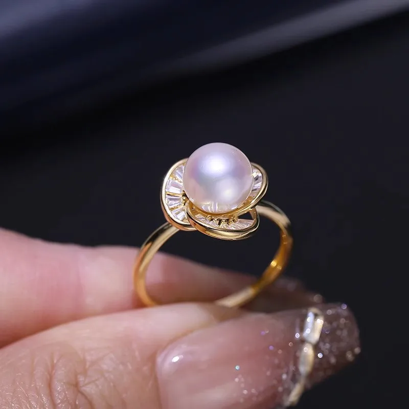 MeiBaPJ 8mm Natural Nearround Pearl Fashion Flower Golden Ring DIY 925 Silver Holder Setting Fine Wedding Jewelry for Women