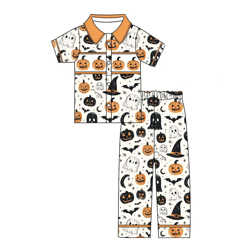 

Оптовая продажа, детский пижамный комплект на Хэллоуин с короткими рукавами и длинными штанами, пижамный комплект для девочек, пижамный комплект для мальчиков, волшебная шляпа с тыквой pri