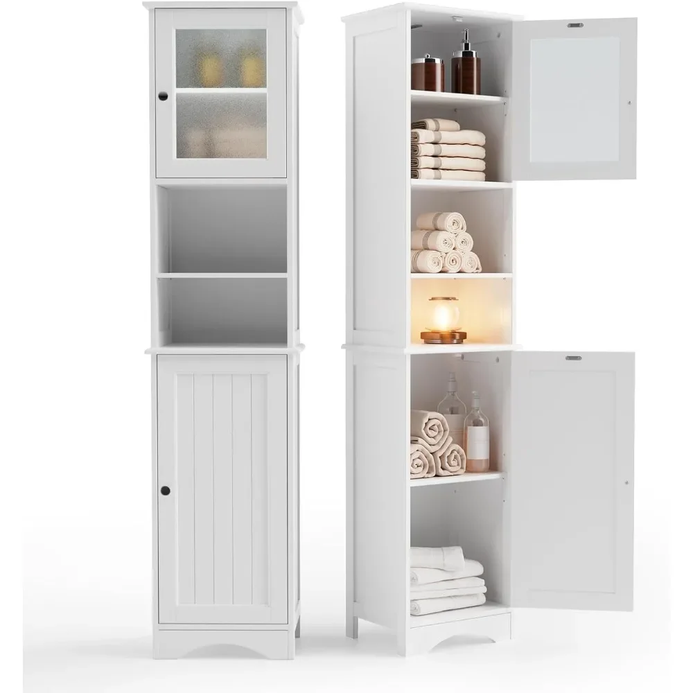 

67.1" Tall Bathroom Storage Cabinet with Adjustable Shelves, Narrow Tall Linen Tower with Open Shelves, Two-Way Doors Fre