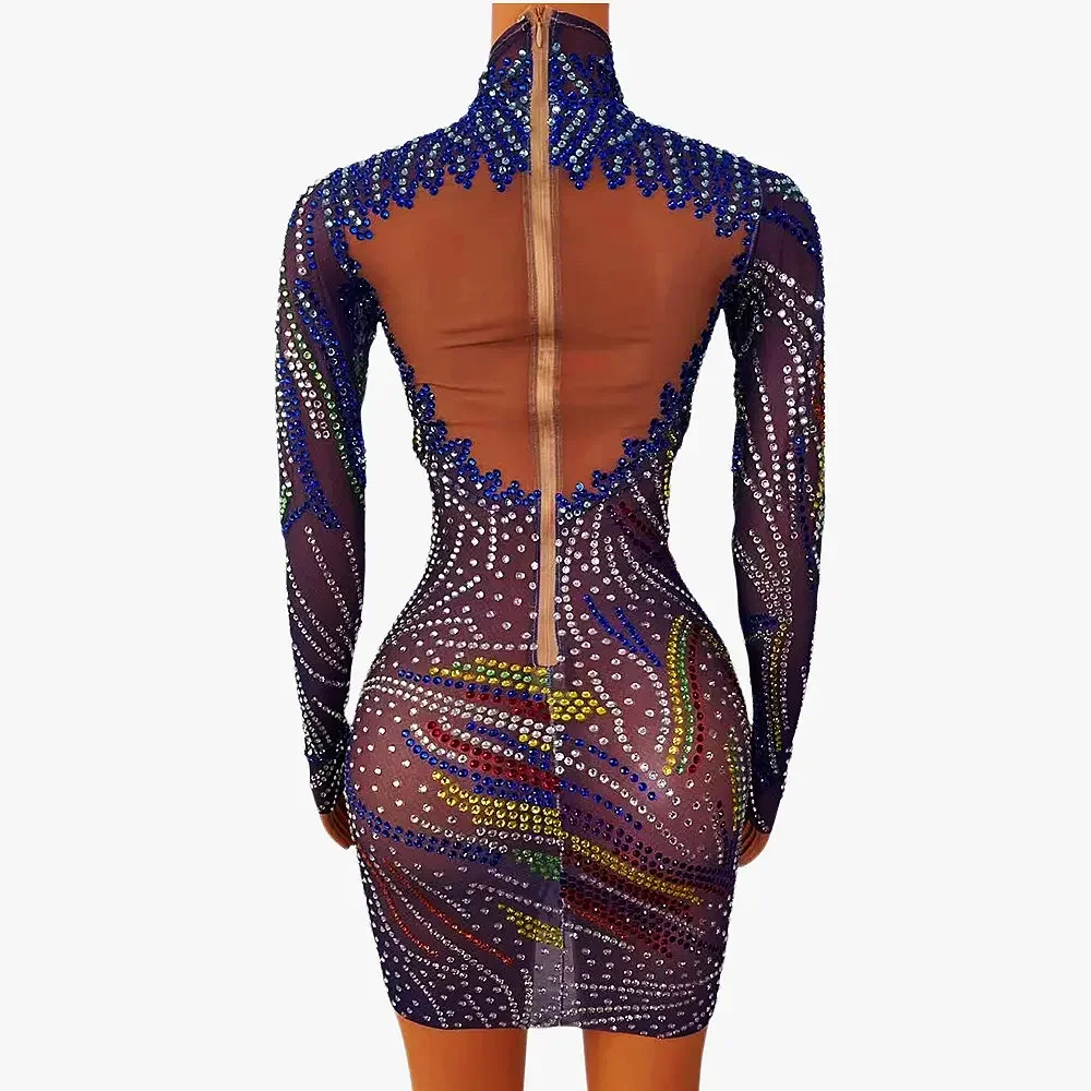 Purple Shining Colorful Rhinestones Long Sleeve High Neck Sexy Women Sheath Dress Nightclub Prom Dance Stage Queen Costumes