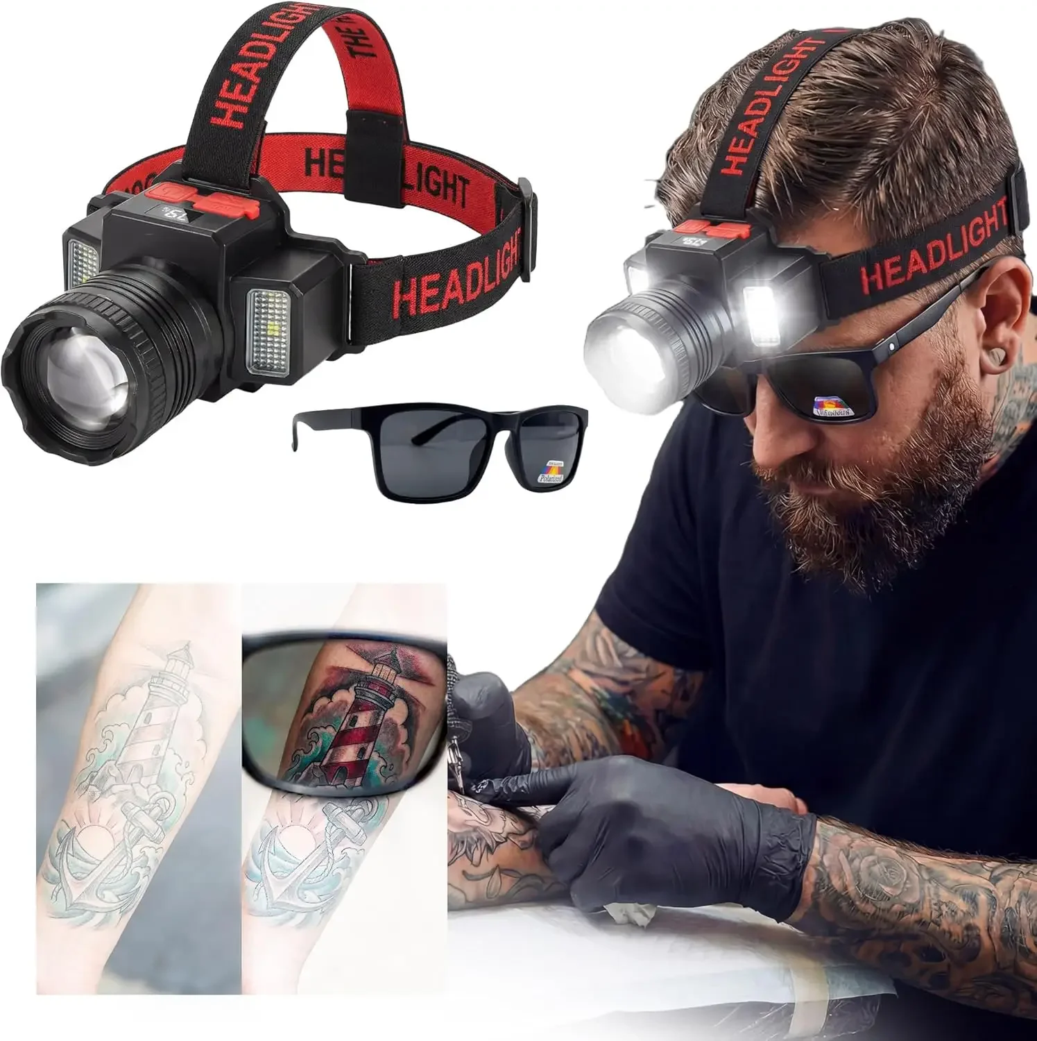 

Tattoo Headlamp with Polarized Glasses, Rechargeable LED Tattoo Work Light Kit, Anti-Glare Hands-Free Lighting for Tattoo Artist